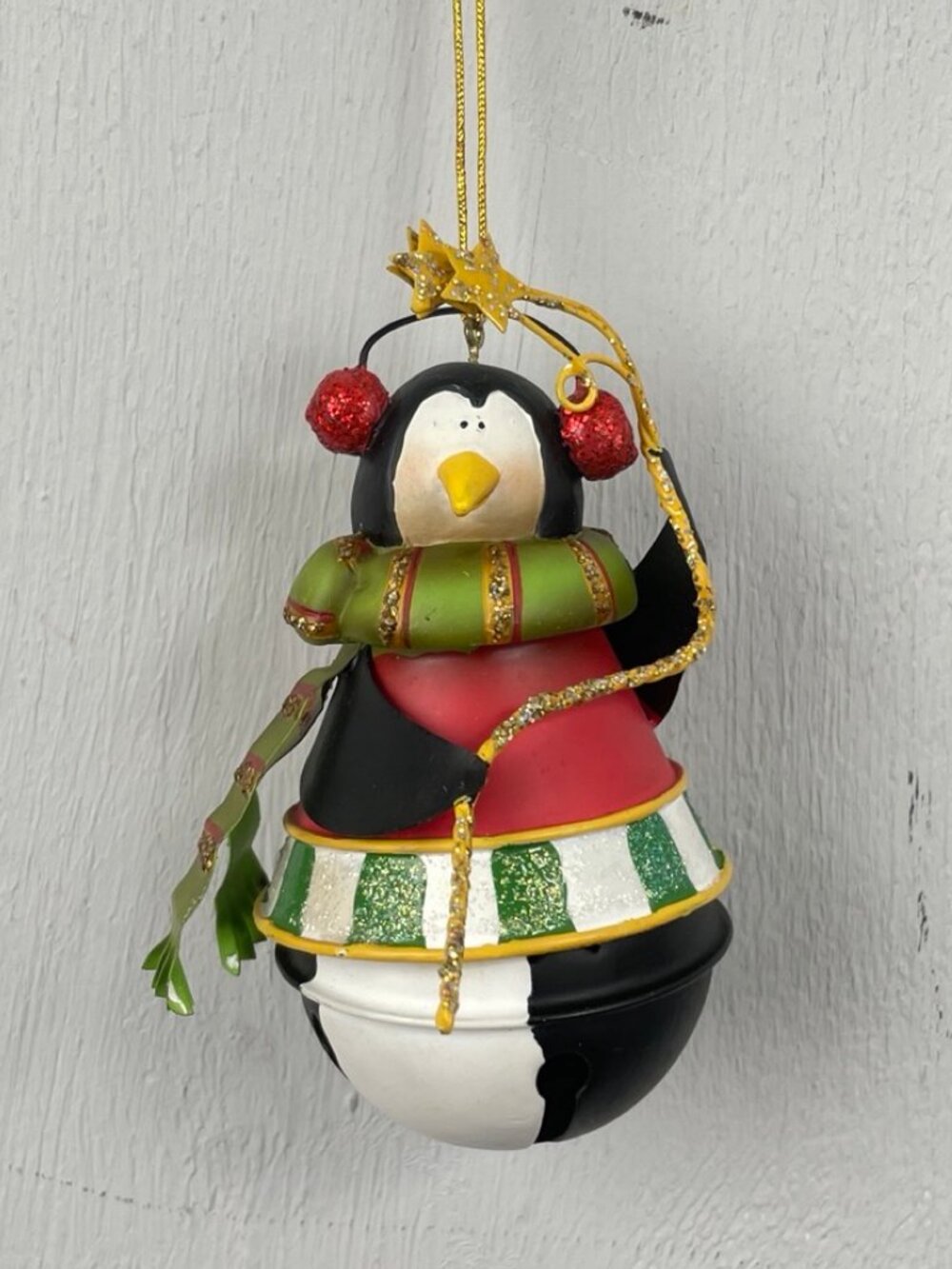 Vintage Metal Penguin Jingle Bell Christmas Ornament Red, Green Black 1980s